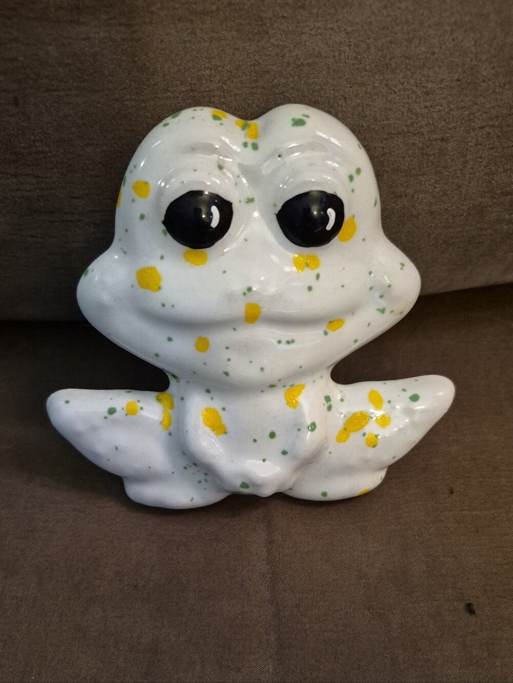 4 1/2” Tall Vintage Ceramic Macrame Bead Cute Frog Paint Splatter